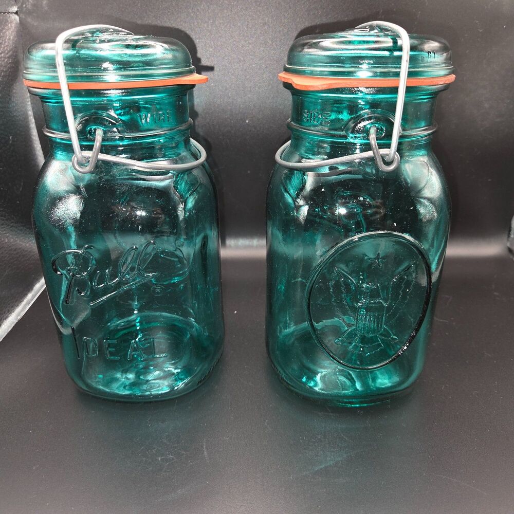Vintage 1976 Ball Ideal Bicentennial Aqua Blue Mason Jar Limited Edition Pair